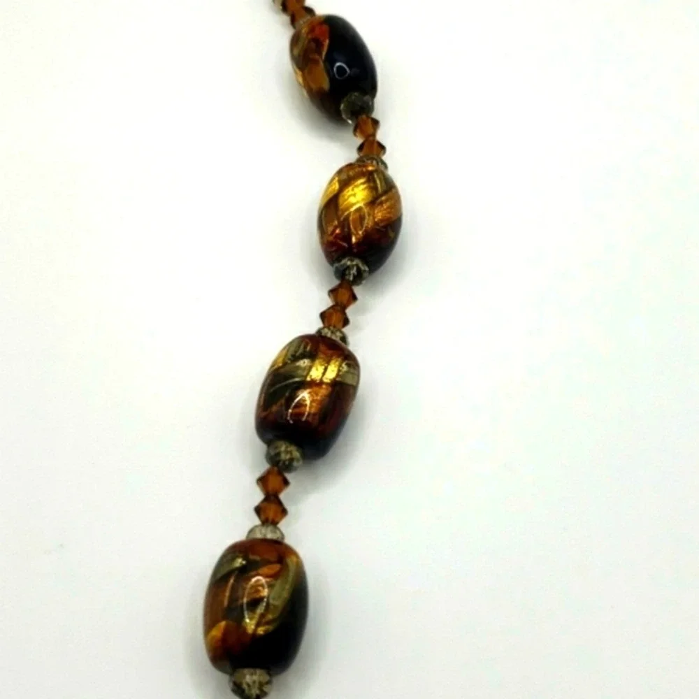Murano Style Art Glass Bracelet Black Brown Gold Sparkle‎ Accents Beads